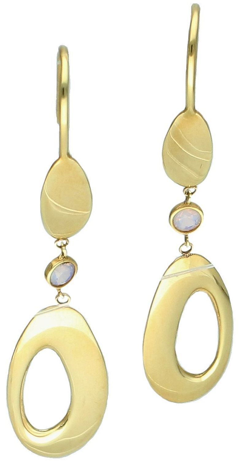 Kolczyki wiszące łezki, pr 585 OR OZ 91 0457 Złote kolczyki wykonane z najwyższej jakości żółtego złota, próba 585. Kolczyki w kształcie łezki ozdobione kamieniem naturalnym opalem różowym1.jpg